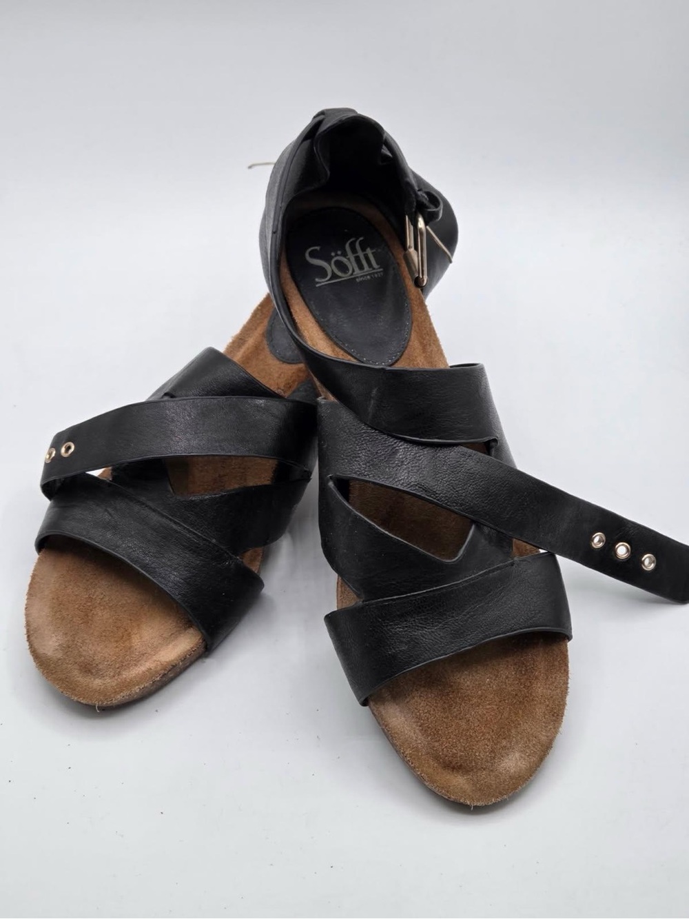 Sofft Carlana Black Leather Wedge Sandals Sz 9M